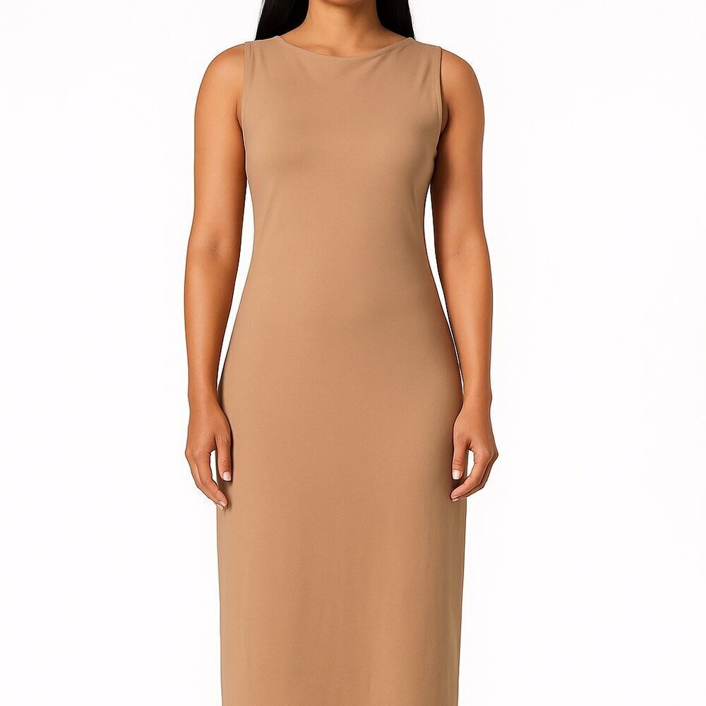 WeWoreWhat Tan Sleeveless Boat Neck Stretch Cotton Blend Midi Dress Size M NWT